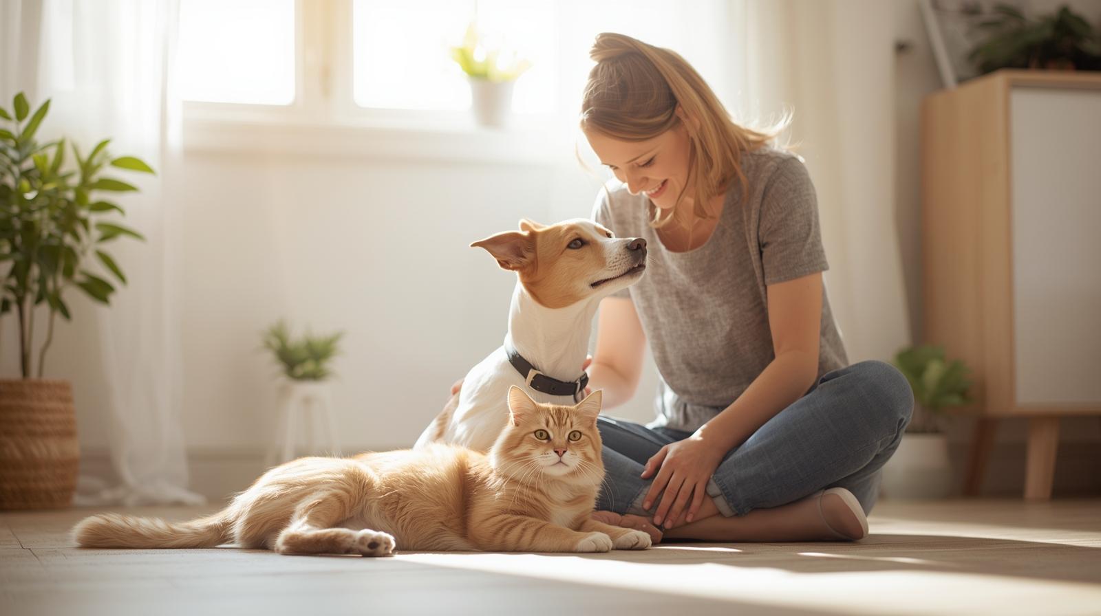 A pet owner performing a basic pet health care check on a dog and cat at home, symbolizing preventive wellness and daily monitoring.