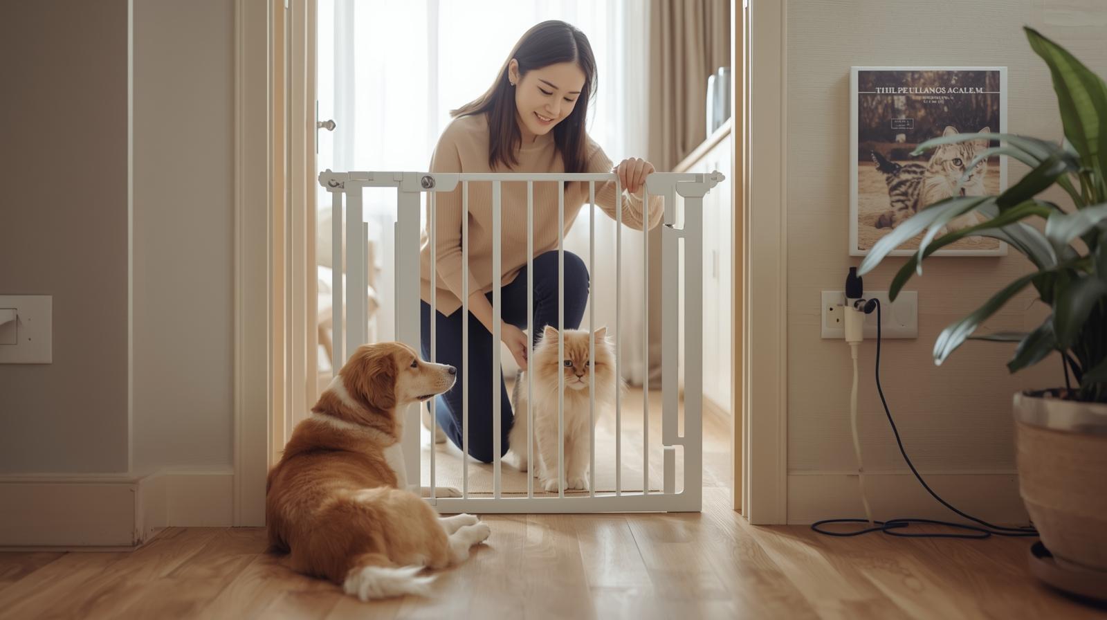 Responsible pet owner ensuring home safety for dog and cat by securing gates and creating a pet-proof environment.