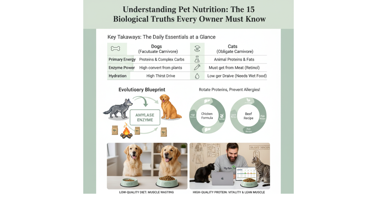 Infographic showing 15 biological pet nutrition truths for dogs and cats by My Pets Picks.