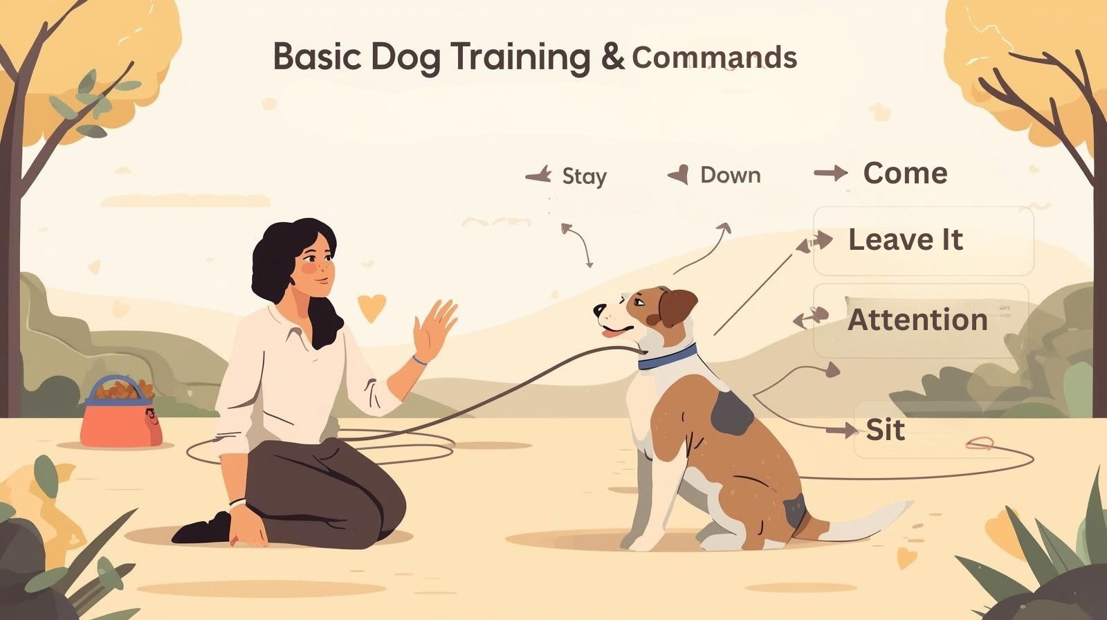 Professional dog training illustration showing a woman using hand signals to teach basic commands like sit, stay, and recall in a park.